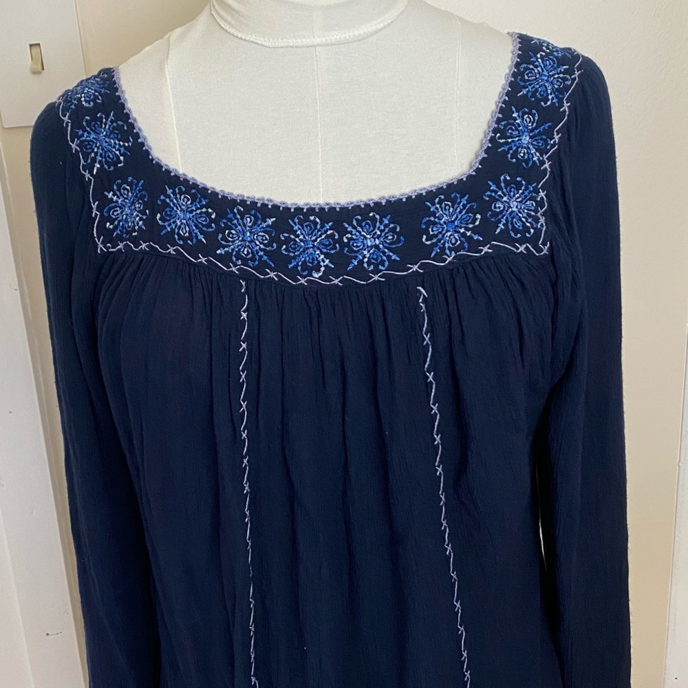 Navy Blue Embroidered Long Sleeve Top